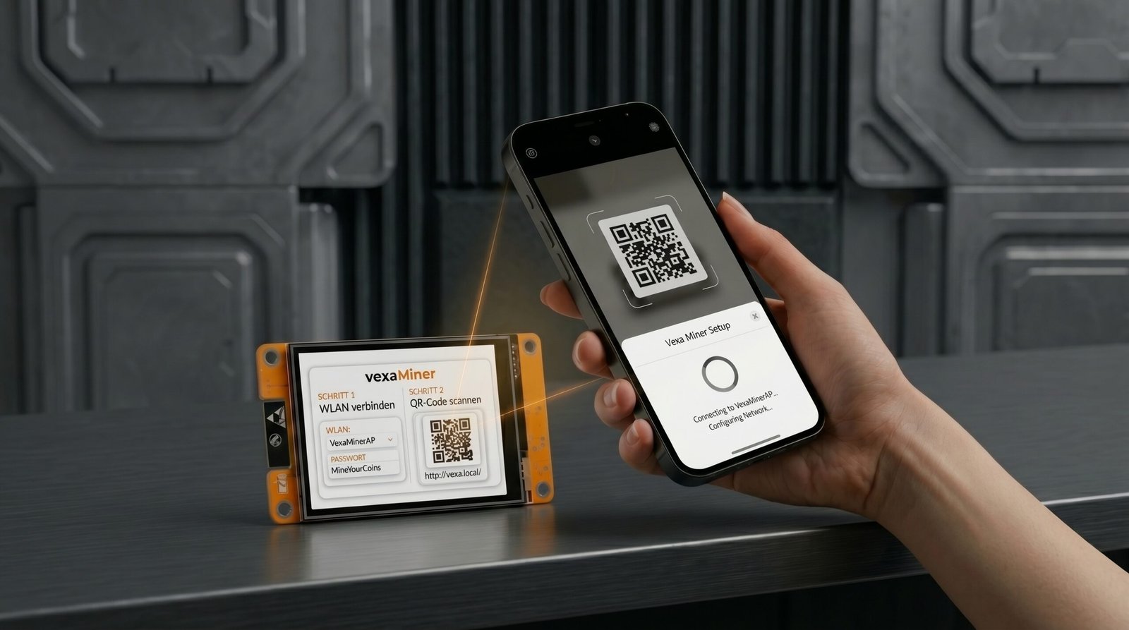 VexaMiner auf Schreibtisch mit Smartphone-Setup per QR-Code